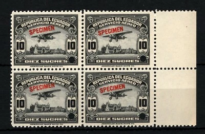 Estampillas de correo aéreo de Ecuador 1930 *ESPECIMEN* 10s NEGRO bloque de alto valor{4} MNH SS2728 Foto 1 de 4