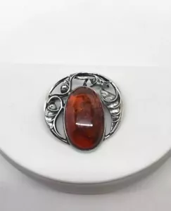 Vtg Art Nouveau Genuine Amber Brooch Pin 925 Sterling silver 1 5/8" - Picture 1 of 9