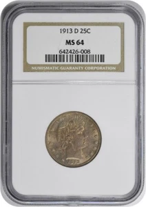 1913-D Barber Silver Quarter MS64 NGC - Picture 1 of 4