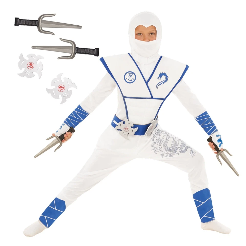 Kids White & Blue Ninja Costume + Toys Boys Girls Samurai Warrior Suit Halloween - Image 1 of 4