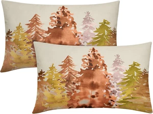 Rustic Fall Lumbar Pillow Covers 12X20 Set of 2 Watercolor Tree Autumn Color Nat - Picture 1 of 12