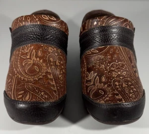 MOZO Clogs Women Zoe Mules Leather Shoes Brown Black Paisley Rounded Toe Size 6 - Picture 1 of 8