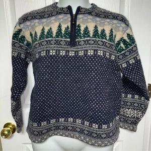SKYR 100% Wool Sweater Pine Tree Scene Fair Isle Zip Pullover Size L Vintage - Picture 1 of 4