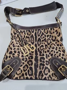 Dolce & Gabbana Brown Leather And Canvas Leopard Print Handbag Gold Hardwear - Picture 1 of 14