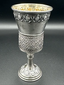 Stunning Judaica Sterling Silver 925 Kiddush Cup Floral Goblet Glass - Very Good - Picture 1 of 10