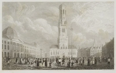 SMITH (*1832) nach BATTY (*1789), Großer Platz mit Belfried in Brügge,  1824, Ss - Bild 1 von 4