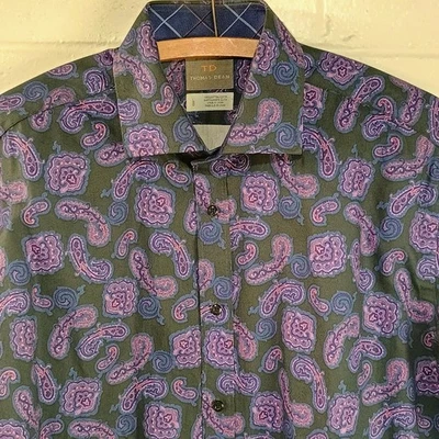Camisa Thomas Dean Paisley Hombres L Negra Púrpura Abotonada Manga Larga Cuello Algodón Foto 1 de 4
