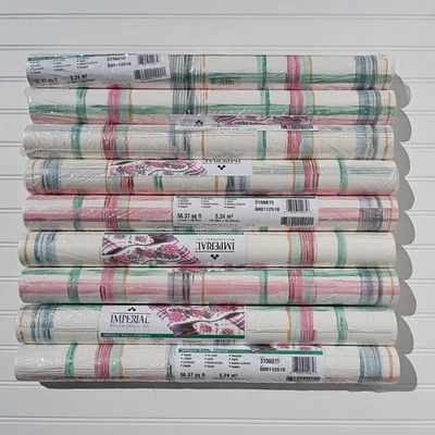 9 Rolls IMPERIAL Wallcoverings Wallpaper White Green Pink Watercolor Plaid 1990s - Image 1 of 4