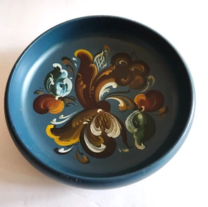 Tole Rosemaling Blue Wooden Bowl Norway Hand Painted Floral Wall Decor - Picture 1 of 8