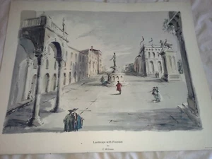 Vintage Abstract Art Litho Landscape with Fountain by C Williams 24 x 18" - Imagen 1 de 7