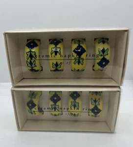 Pier One Ceramic Napkin Rings Set of 8 Navy Blue Flower Yellow, in Box - Picture 1 of 2