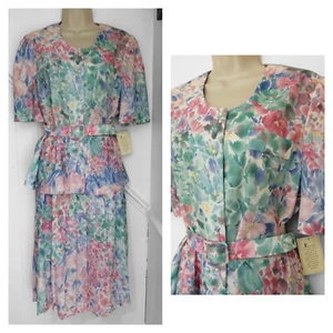 1980's Debenhams Pleated Skirt & Belted Blouse Summer Fete Sz 14 Floral Church - Picture 1 of 9
