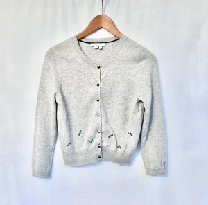 BODEN 100% Cashmere Cardigan SMALL Crewneck Embroidered Flowers Gray Women EUC - Picture 1 of 10