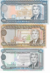 Billetes Turkmenistán 1995 100 Manat, 50 Manat y 20 Manat sin circular - Imagen 1 de 2