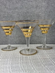 Vintage Gold Rings Empire Cocktail Glasses Set Of 3 V Shaped - Picture 1 of 14