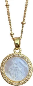 Mother Of Pearl Gold Plated Necklace Virgin Mary Medal,Pearl Necklace Women - Picture 1 of 5