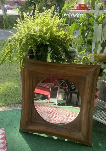 Vintage 80’s Tan Wall Hanging Mirror Rattan Style 30x30 Square Framed Round Cover