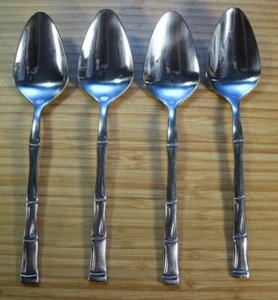 SET OF 4 UNBRANDED 7 1/4" GLOSSY STAINLESS BAMBOO SOUP SPOONS - KOREA - Picture 1 of 3