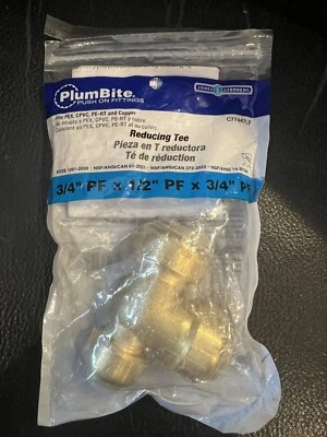 Jones Stephens Plumbite C77447LF Push On Reducing Tee Brass 3/4" x 1/2" x 3/4" - Image 1 of 2