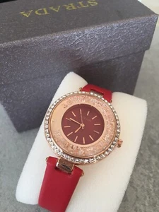 NWT WHITE AUSTRIAN CRYSTAL IN RED WATCH WITH RED FAUX LEATHER BAND - Picture 1 of 3