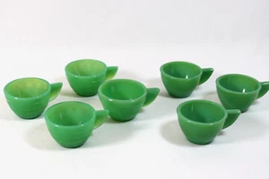 Vintage Akro Agate Jade Glass Tea Cups Set Banded & Floral Children's Toy Dishes - Picture 1 of 12
