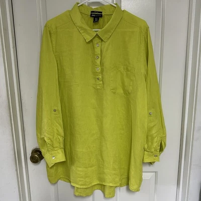 Jones NY Womens Sz XL Chartreuse Gr 100% Linen Roll Tab Sleeve Collared Tunic - Image 1 of 4