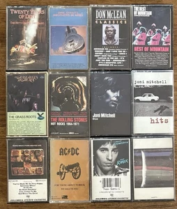 12 Classic Rock Cassettes, Used, Mountain, AC/DC, Joni Mitchell, Rolling Stones, - Picture 1 of 1