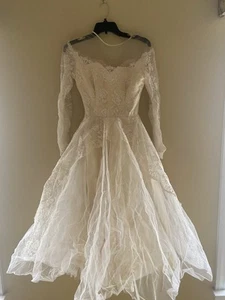Vintage 50s/60s Priscilla Of Boston Wedding Gown Tea Length Lace Sleeves - Picture 1 of 9