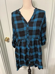 Torrid Blue Black Plaid Size 0 L Long Sleeve Babydoll Button Front Hi-Lo Tunic - Picture 1 of 10