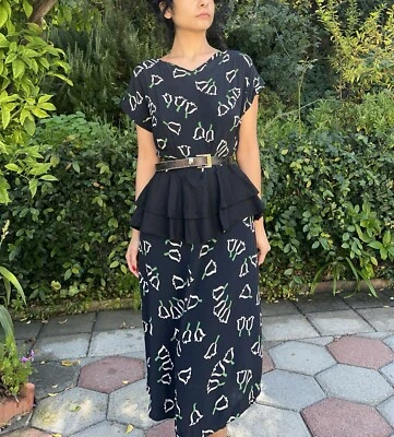 Vestido Peplum Azul Marino Estampado Amapolas Novedad Años 40 De Colección Foto 1 de 4