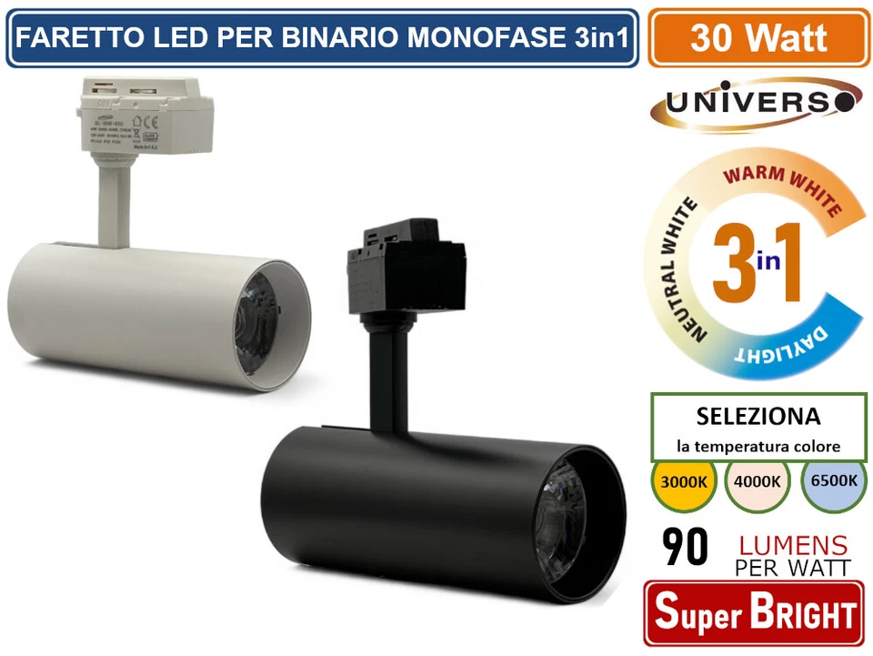 FARETTO LED DA BINARIO MONOFASE 30W TRACK LIGHT COB 2700 LUMEN CHANGING COLOR - Immagine 1 di 1