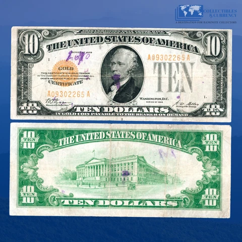 Fr.2400 1928 $10 Ten Dollars Gold Certificate, Gold Seal, VF #02265 Cover