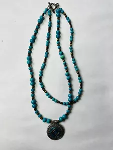 20” MULTI-STRAND TURQUOISE BLUE BEADED NECKLACE & PENDANT-1” Ext-COSTUME JEWELRY - Picture 1 of 4