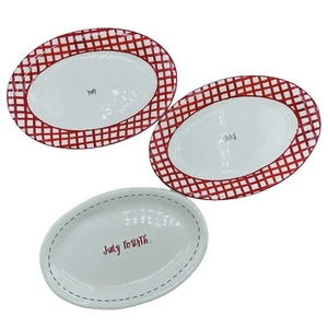 Rae Dunn Red Gingham Snack Yum & Blue Stitch July Fourth Oval Plates Set Of 3 - Picture 1 of 7