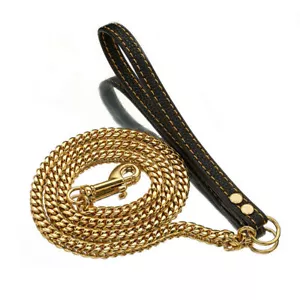 48inch Stainless steel Gold Miami Chain Leather Walking Dog Leash Lead Traning - Picture 1 of 6