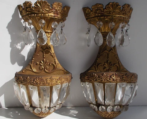 BEAUTIFUL CRYSTAL Vintage Gilt Brass FRENCH Dore Signed WALL SCONCES Cover