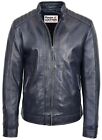Mens Real Leather Biker Jacket Classic Casual Style Archie Navy Blue
