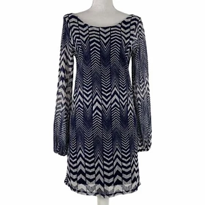 Fire Los Angeles Medium Dress Mini Semi Sheer Sleeves Low Back Fitted Blue White - Picture 1 of 5