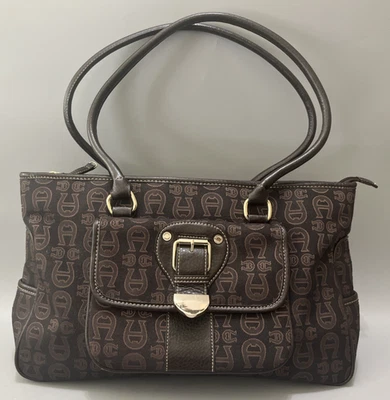 Bolso de hombro vintage Etienne Aigner de cuero/lona marrón y negro con logotipo Foto 1 de 4