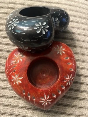 (2) Soap Stone Heart Etched Flowers Tealight Holder 1red 1 Black Boho Candle - Image 1 of 4