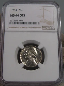 GEM BU 5 Full Steps 1963 Jefferson Nickel NGC MS66 5FS. #8 - Picture 1 of 8