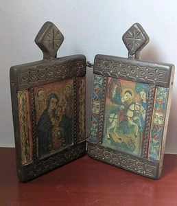 Antike äthiopische orthodoxe koptische handgeschnitzte Holzikone aus Aksum handbemalt - Bild 1 von 7