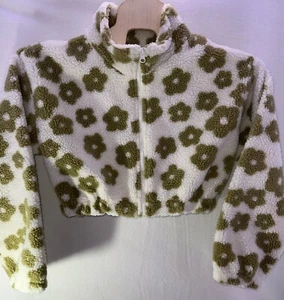 HYFVE Größe Large (44 x 16) elfenbeinfarben Sherpa Fleece oliv Gänseblümchen Blumen Cropped Jacke - Bild 1 von 8