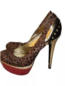 G by GUESS WOMEN "VEELA LEOPARD SPIKED MULTI STILETTO PLATFORM HEELS SZ 7.5 - Picture 1 of 9