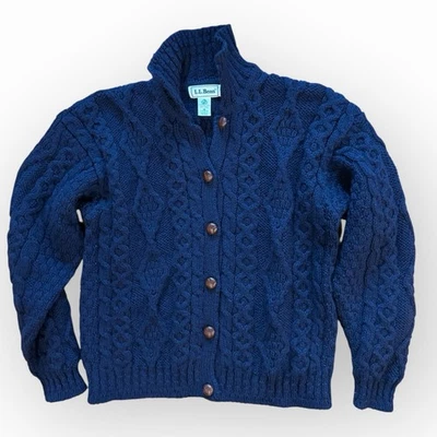 L.L. Cárdigan suéter de pescador tejido con cable de lana Aran Bean para mujer azul marino Irlanda M Foto 1 de 4
