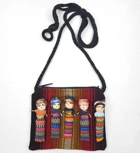 Guatemalan Folk Art Small Zip Crossbody Bag with 4 Worry Dolls Attached Colorful - Picture 1 of 12