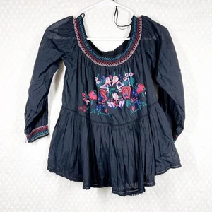Free People Damen Top Gr. M schwarz rosa bestickt Blumen schulterfrei Boho - Bild 1 von 5