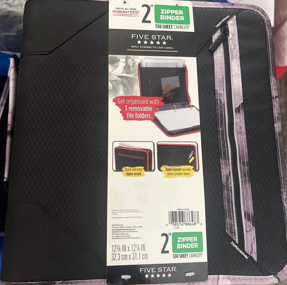 Five Star 2 Inch ZIPPER Binder 3 Ring Binder Removable File Folders Durable