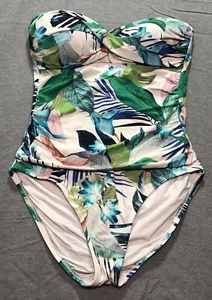 La Blanca Swim Suit Women's 6 Ruched Floral Bandeau 1 Piece White Green Blue - Picture 1 of 13