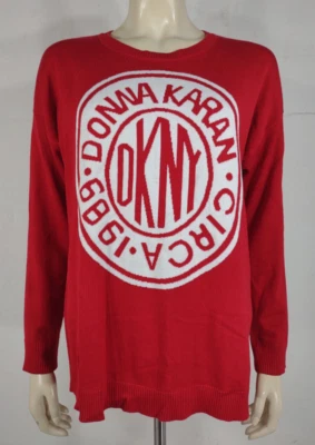 DKNY Rojo Blanco Grande Logo Ligero Cuello Redondo Jersey Suéter Damas Grande Foto 1 de 4